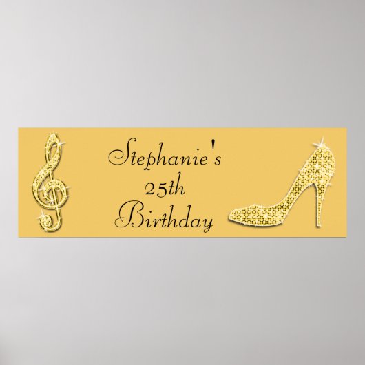 Gold Music Note en Stiletto 25th Birthday Poster (Voorkant)