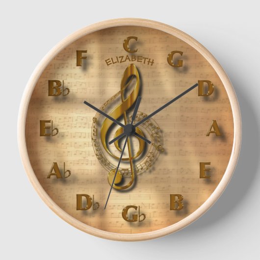 Gold Music Treble Clef Clock met Fifths Circle (Voorkant)