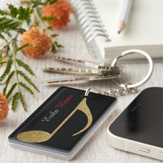 Gold Musical Note met naam en initialen zwart Sleutelhanger (Voorkant Rechts)