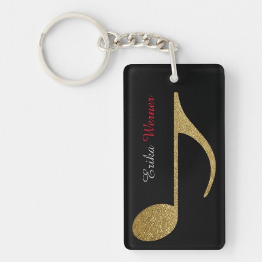 Gold Musical Note met naam en initialen zwart Sleutelhanger (Voorkant)