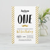 Gold, Mustache | Jongen 1e verjaardag uitnodiging (Staand voorkant)