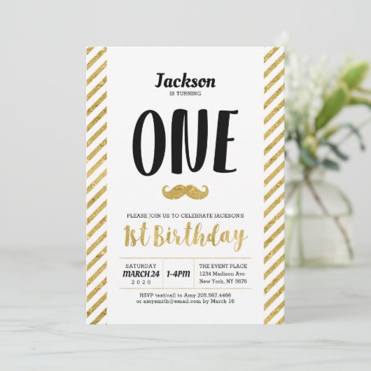 Gold, Mustache | Jongen 1e verjaardag uitnodiging (Staand voorkant)