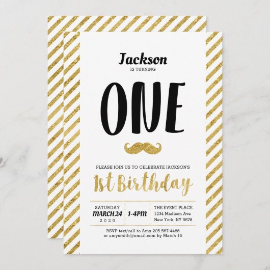 Gold, Mustache | Jongen 1e verjaardag uitnodiging (Voorkant / Achterkant)
