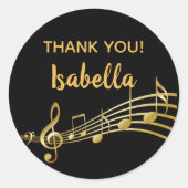 Gold muzieknoten voor elegant zwart, bedankt ronde sticker (Voorkant)