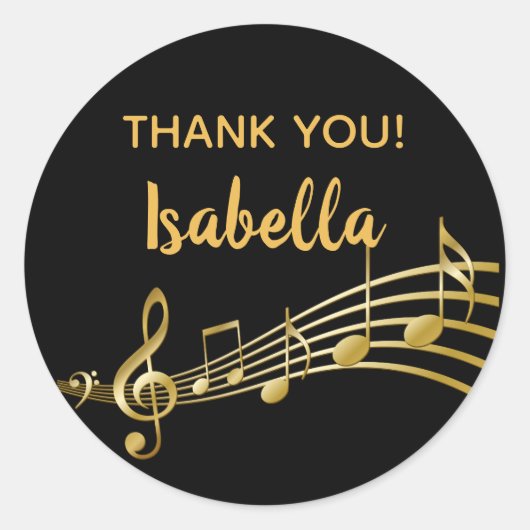 Gold muzieknoten voor elegant zwart, bedankt ronde sticker (Voorkant)