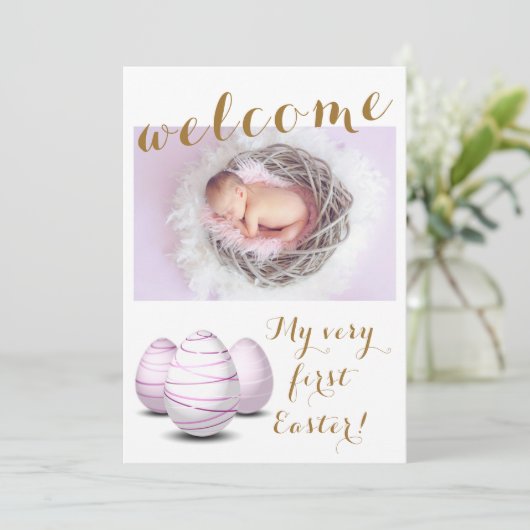 Gold My First Easter Welcome Photo Baby Birth Aankondiging (Staand voorkant)