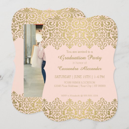 Gold n Blush Lace Elegant Graduparty Kaart (Voorkant / Achterkant)