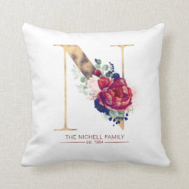 Gold N Monogram Floral Burgundy Red en Navy Blue Kussen