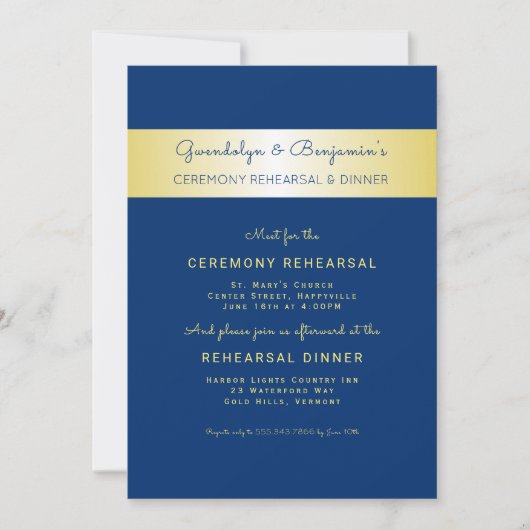 Gold n Navy Ceremony Rehearsal Dinner Invitation Kaart (Voorkant)