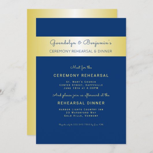Gold n Navy Ceremony Rehearsal Dinner Invitation Kaart (Voorkant / Achterkant)