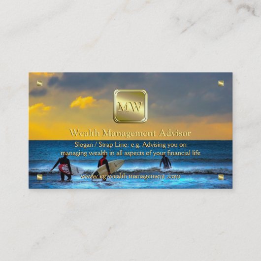 Gold-naamplaat, Sunset Surfing, Wealth Advisor Visitekaartje (Voorkant)