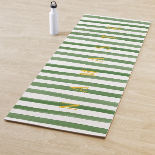 Gold Namaste & Green and White Waterverf Stripes Yogamat (In situ)