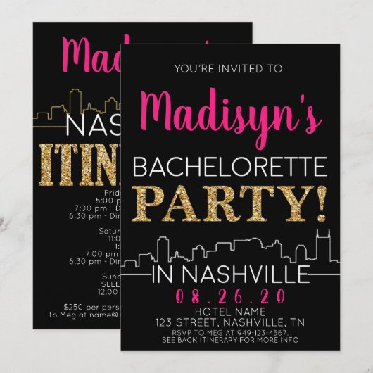 Gold Nashville Bachelorette Party Itinerary en Kaart (Voorkant / Achterkant)