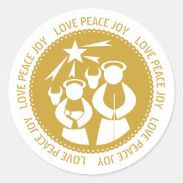Gold natitivity Scene Love, Peace, Joy Kerstmis Ronde Sticker