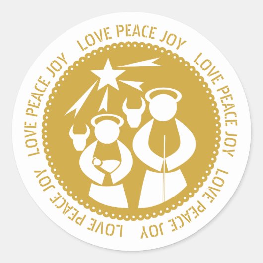 Gold natitivity Scene Love, Peace, Joy Kerstmis Ronde Sticker (Voorkant)