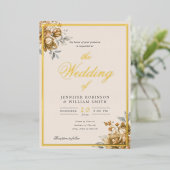 Gold Natural Rustic Floral Elegant Script Wedding  Folie Uitnodiging (Staand Voorkant)