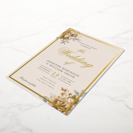 Gold Natural Rustic Floral Elegant Script Wedding  Folie Uitnodiging (Gedraaid)