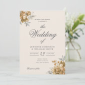 Gold Natural Rustic Floral Elegant Script Wedding  Kaart (Staand voorkant)