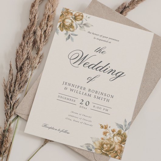 Gold Natural Rustic Floral Elegant Script Wedding  Kaart