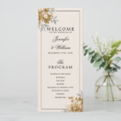 Gold Natural Rustic Floral Wedding Program Menu Kaart (Staand voorkant)