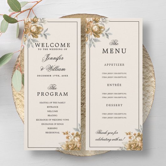 Gold Natural Rustic Floral Wedding Program Menu Kaart