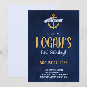 Gold Nautical Anchor Birthday Party Invitation Kaart