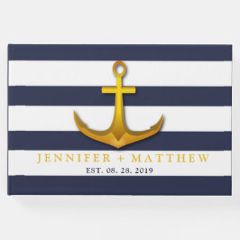 Gold Nautical Anchor Navy Blue & White Wedding Gastenboek