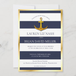 Gold Nautical Anchor Navy Blue & White Wedding Kaart