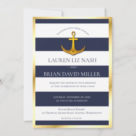 Gold Nautical Anchor Navy Blue & White Wedding Kaart (Voorkant)