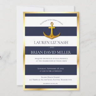 Gold Nautical Anchor Navy Blue & White Wedding Kaart