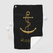 Gold nautical anchor on royal blue custom name golfhanddoek (Insitu)