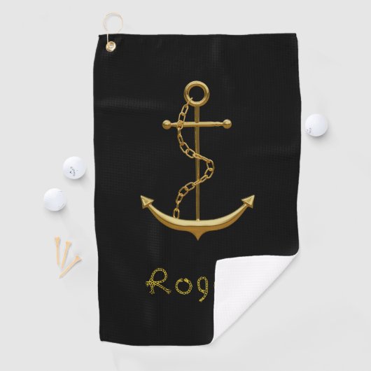 Gold nautical anchor on royal blue custom name golfhanddoek (Insitu)