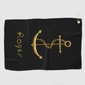 Gold nautical anchor on royal blue custom name golfhanddoek (Horizontaal)