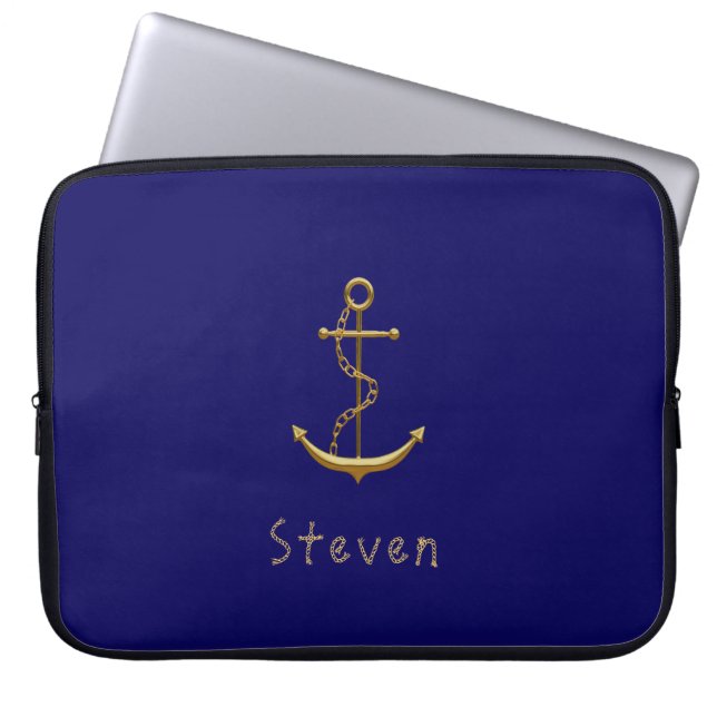 Gold nautical anchor op blauwe douanenaam laptop sleeve (Voorkant)