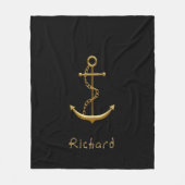 Gold nautical anchor op zwarte douanenaam fleece deken (Voorkant)