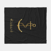Gold nautical anchor op zwarte douanenaam fleece deken (Voorkant (Horizontaal))