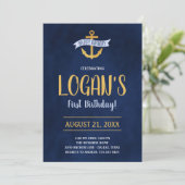 Gold Nautical Anchor Verjaardagsfeestje Uitnodigin Kaart (Staand voorkant)