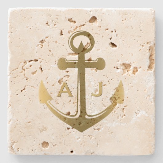 Gold Nautical Anchor Wedding Monogram Stenen Onderzetter (Voorkant)
