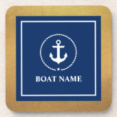 Gold Nautical Boat Name Anchor Navy Blue Bier Onderzetter (Voorkant)