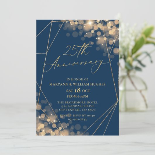 Gold & Navy 25e bruiloft Jubileum Kaart (Staand voorkant)