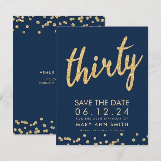 Gold Navy 30e Verjaardag Opslaan Datum Confetti Kaart (Voorkant / Achterkant)
