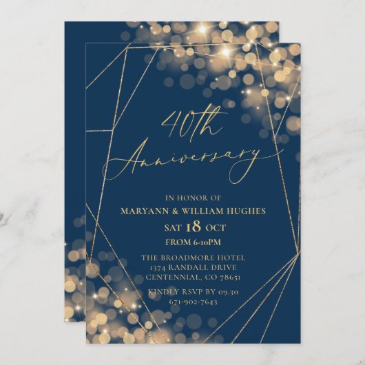 Gold & Navy 40e bruiloft Jubileum Kaart (Voorkant / Achterkant)