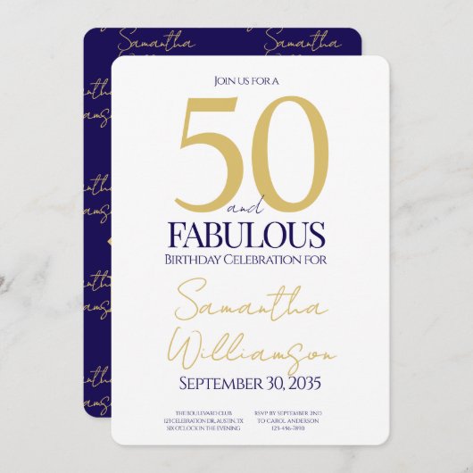 Gold Navy 50 and Fabulous | 50th Birthday Simple Kaart (Voorkant / Achterkant)