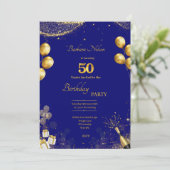 Gold & Navy 50e verjaardag uitnodiging (Staand voorkant)
