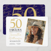 Gold & Navy | 50th Fabulous Photo Birthday Party Kaart (Voorkant / Achterkant)