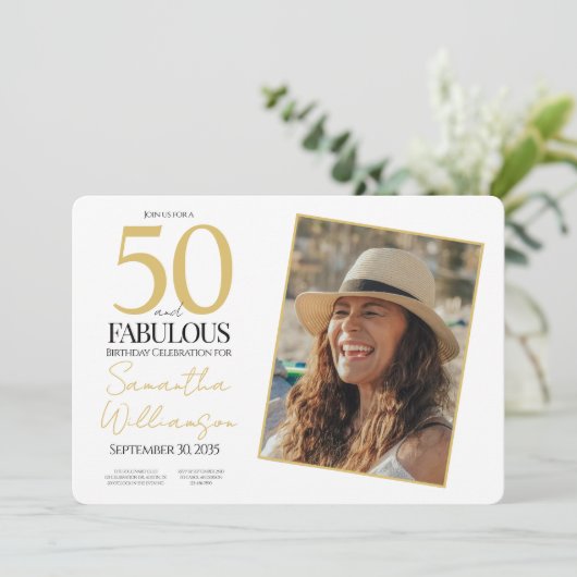 Gold & Navy | 50th Fabulous Photo Birthday Party Kaart (Staand voorkant)