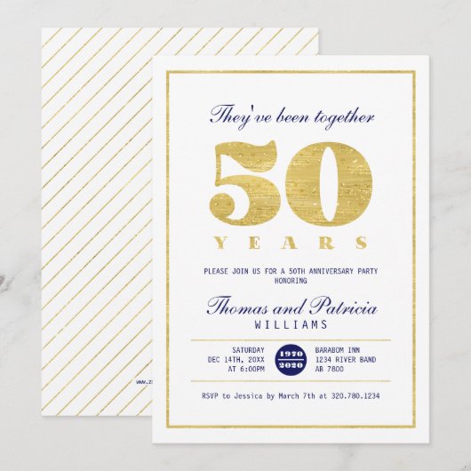Gold & Navy 50th Wedding Jubileum Uitnodiging (Voorkant / Achterkant)