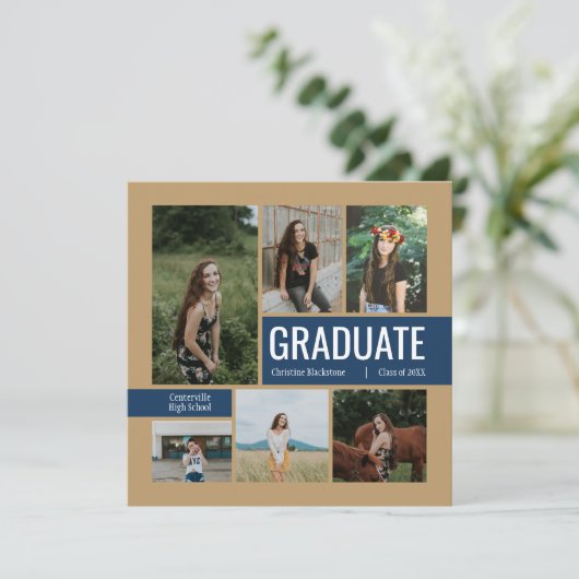 Gold & Navy 6 Foto-Afstuderen uitnodiging (Staand voorkant)