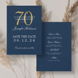 Gold Navy 70th Birthday Save the Date met details Kaart<br><div class="desc">Elegant "70th Birthday Party"-ontwerp met een formeel typografisch script,  aangepaste naam en detailtekst. Makkelijk te gebruiken en makkelijk te personaliseren. Bestel vandaag nog!</div>