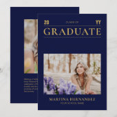 Gold & Navy Afstuderen Fotoaankondiging Aankondiging (Voorkant / Achterkant)